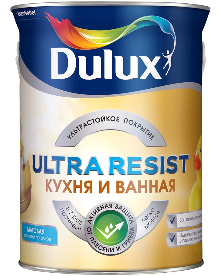 Краска для кухни и ванной латексная Dulux Ultra Resist матовая база BW 5 л.