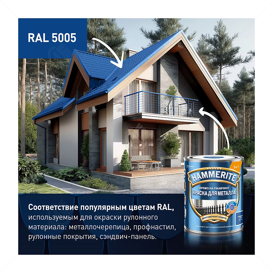 Краска для металлических поверхностей алкидная Hammerite гладкая синяя 0,75 л