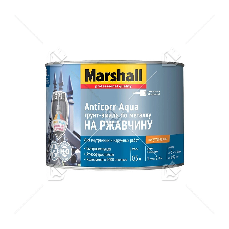 Грунт-эмаль на ржавчину на водной основе Marshall Anticorr Aqua полуглянцевая база BW 0,5 л