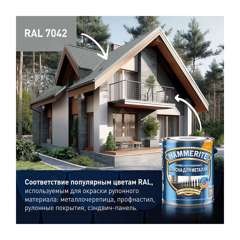Краска для металлических поверхностей алкидная Hammerite гладкая серая RAL 7042 5 л