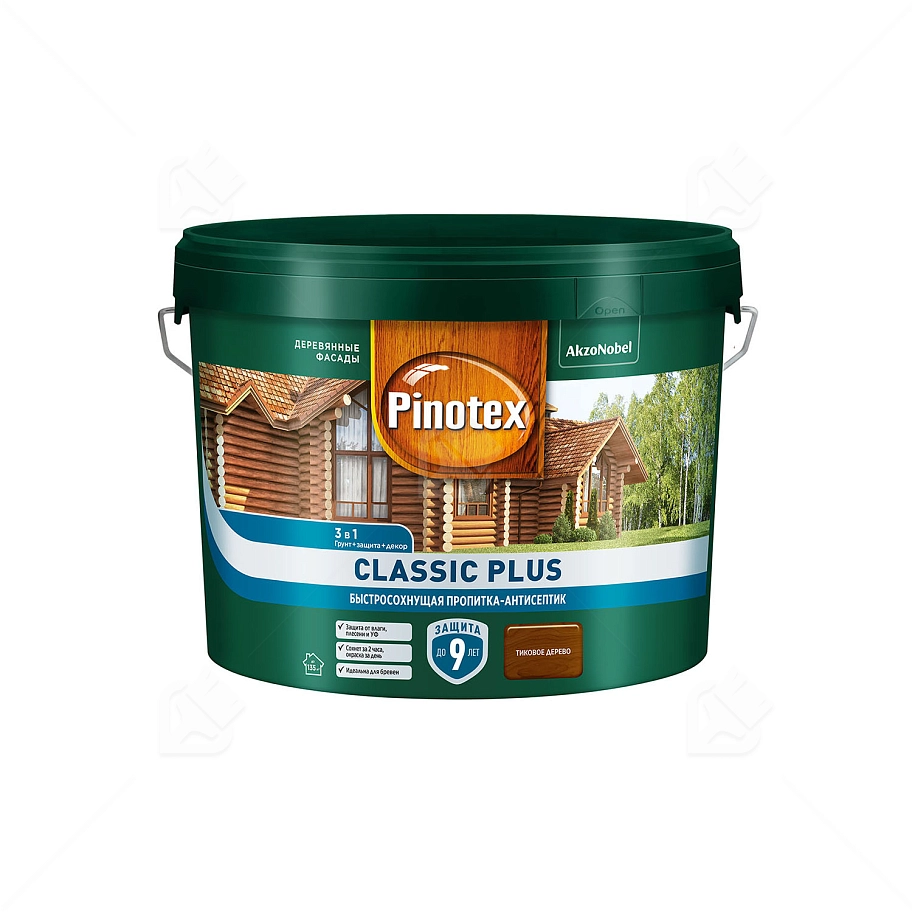 Пропитка декоративная для защиты древесины Pinotex Classic Plus 3 в 1 тиковое дерево 9 л.