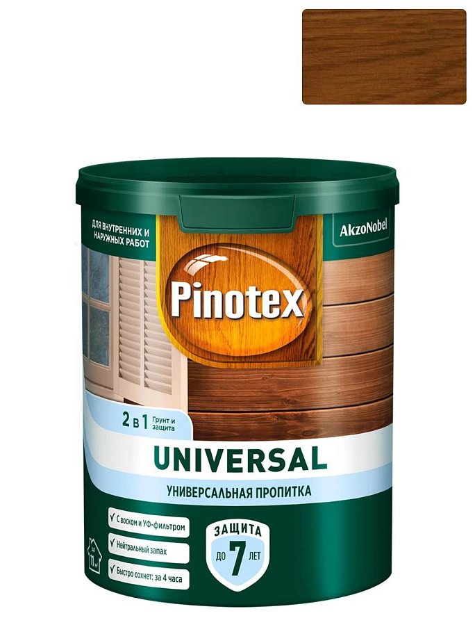 Pinotex Universal 2 в 1 универсальная пропитка для древесины Индонезийский тик 0,9 л