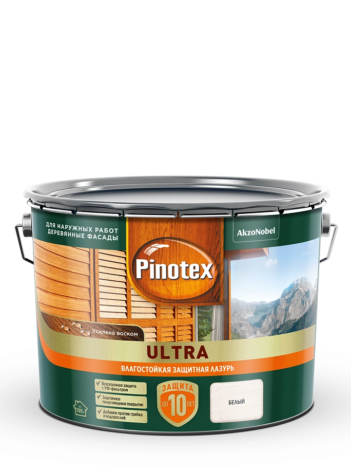 Пропитка декоративная для защиты древесины Pinotex Ultra AWB полуглянцевая белая 9 л
