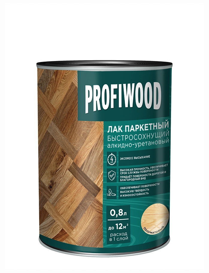 Лак паркетный Profiwood быстросохнущий алкидно-уретановый полуматовый 0,8 л
